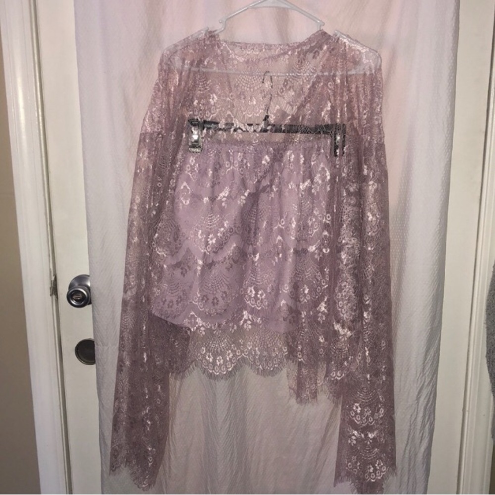 Sheer Side Shiny Lace and Cotton Plus Size Lavender Cardigan & Skirt XXL 47-52” - Picture 3 of 12
